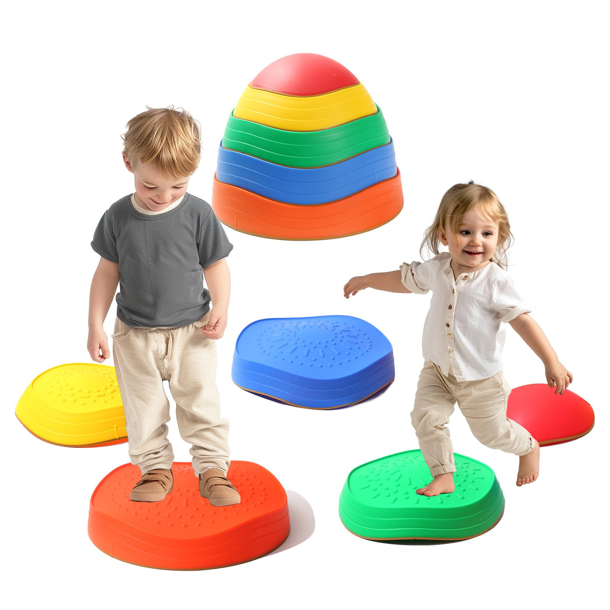 LoomLark Balance Stones in red-yellow-green for color recognition and active play.