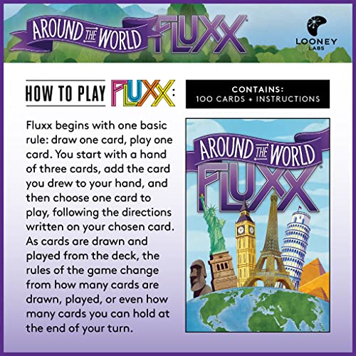 Looney Labs Around The World Fluxx visuals showcase a family-friendly setup for quick rounds