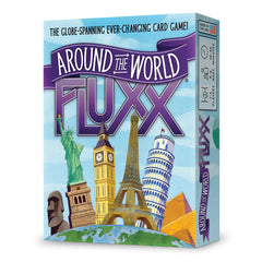 Looney Labs Around The World Fluxx packaging shows travel theme for family game night