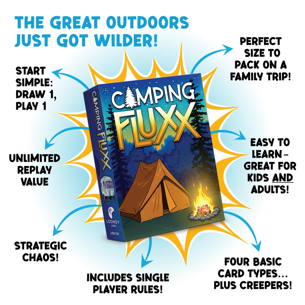 Looney Labs Camping Fluxx draw action showcases dynamic rounds and surprises.