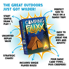Looney Labs Camping Fluxx draw action showcases dynamic rounds and surprises.