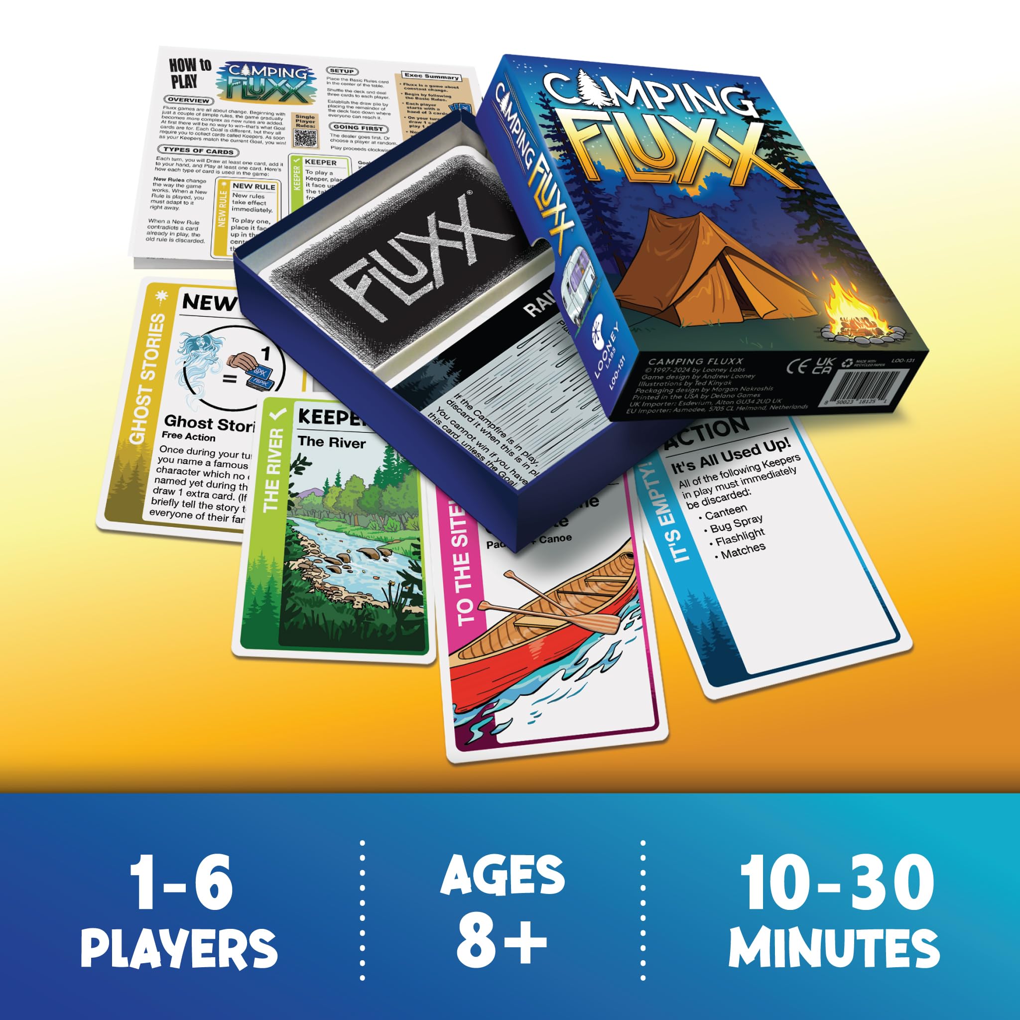 Looney Labs Camping Fluxx family play at the table inspires shared smiles.