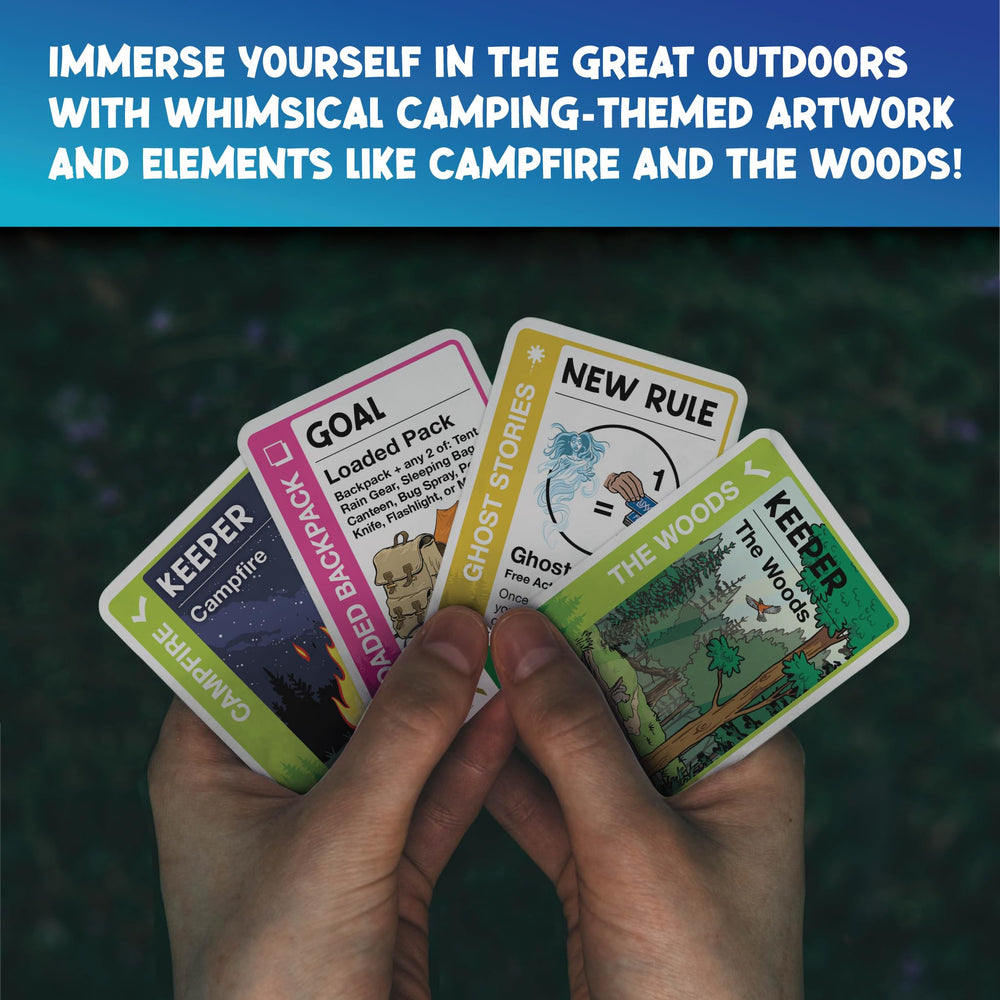 Looney Labs Camping Fluxx forest ambiance highlights outdoor fun and visuals.