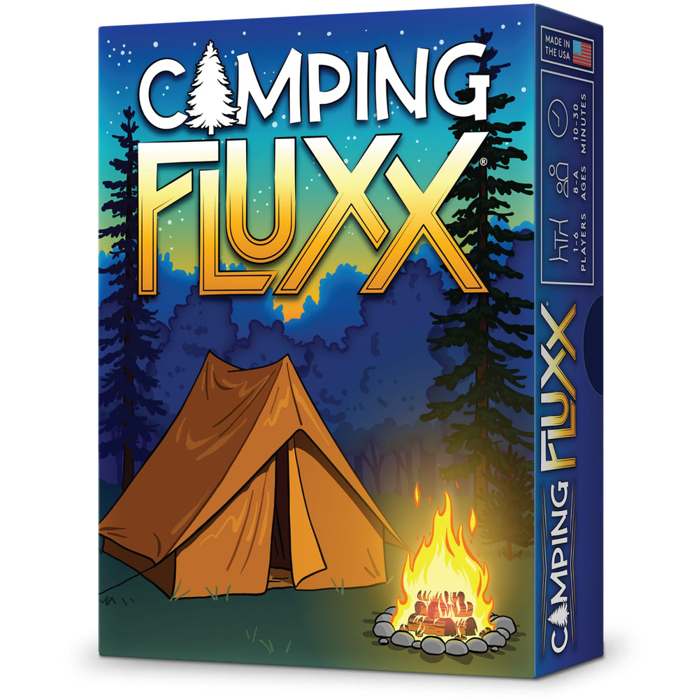 Looney Labs Camping Fluxx tent scene boosts family camp night fun.