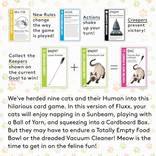 Looney Labs Cat Fluxx cards spread showcases playful strategy for fast rounds.