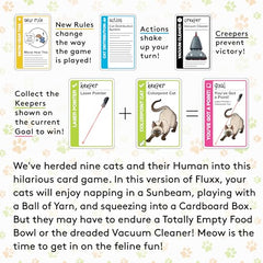 Looney Labs Cat Fluxx cards spread showcases playful strategy for fast rounds.