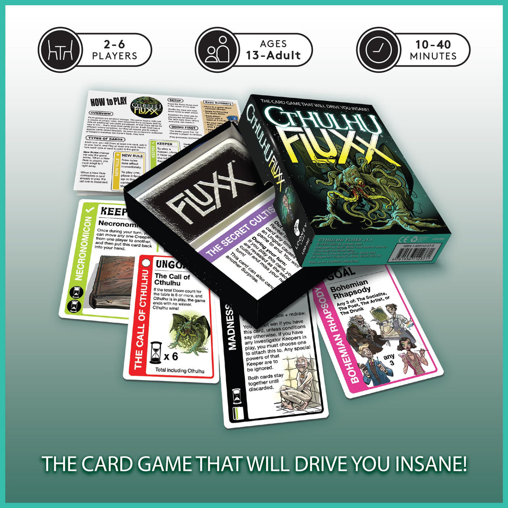 Looney Labs Cthulhu Fluxx play area scene for fast, social rounds