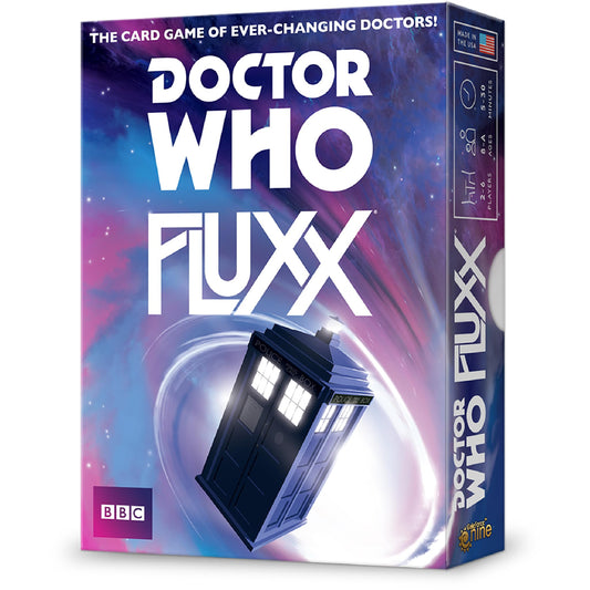Looney Labs Doctor Who Fluxx card game box for family game nights