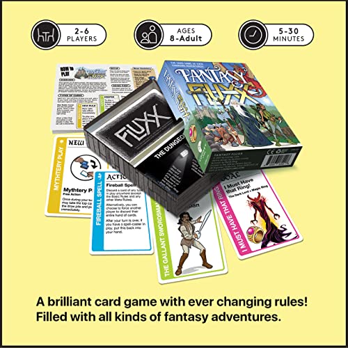 Looney Labs Fantasy Fluxx dragon art adds fantasy flair for exciting round play.