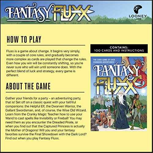 Looney Labs Fantasy Fluxx wizard battle card enhances quick, interactive decision moments.
