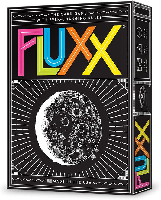 Looney Labs Fluxx 5.0 box front with quick-start setup for instant fun.