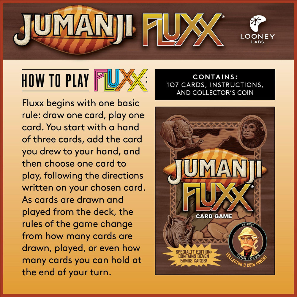 Looney Labs Jumanji Fluxx bonus cards increase variety and strategic options