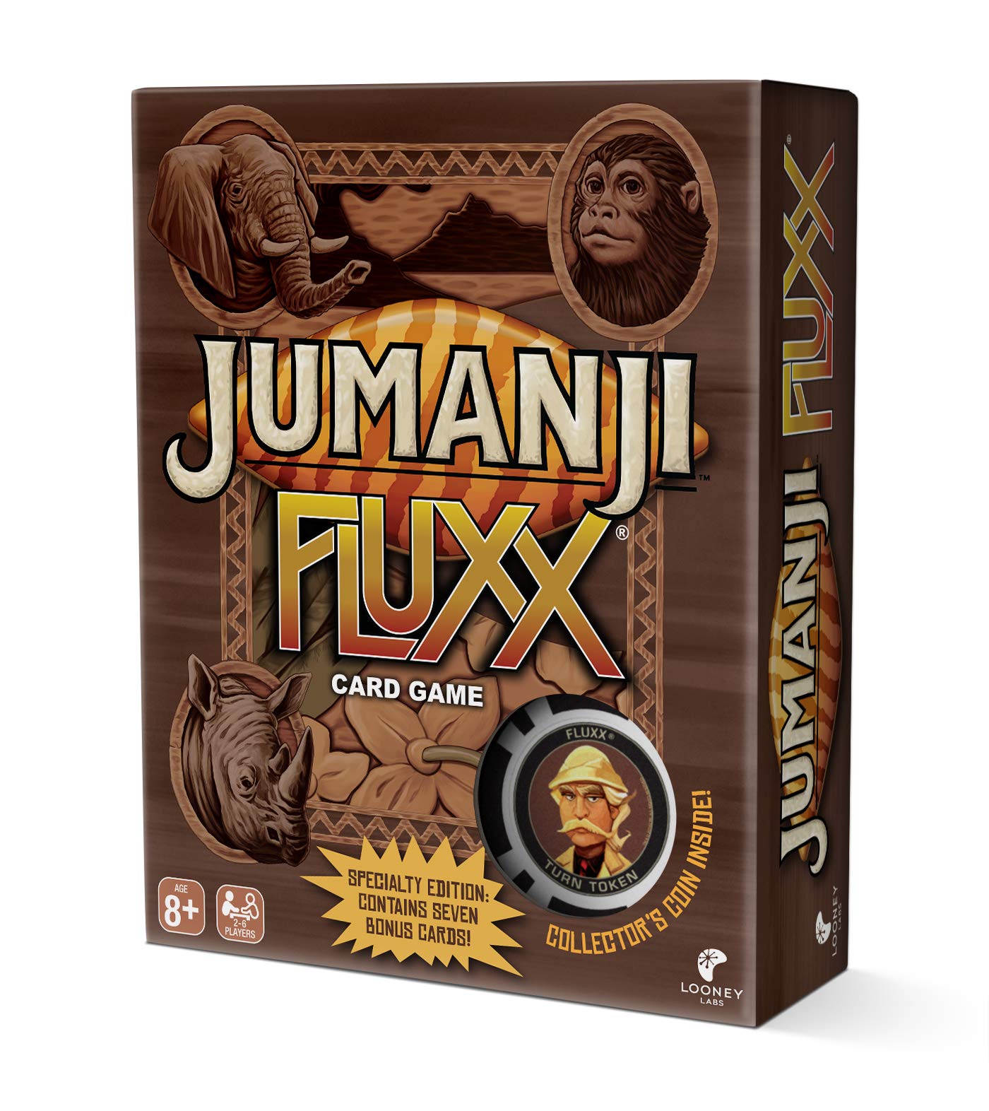 Looney Labs Jumanji Fluxx card game box for quick family-friendly setup