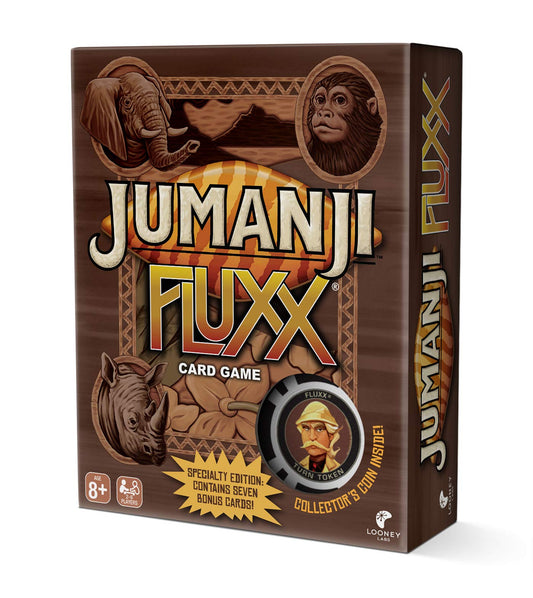 Looney Labs Jumanji Fluxx card game box for quick family-friendly setup