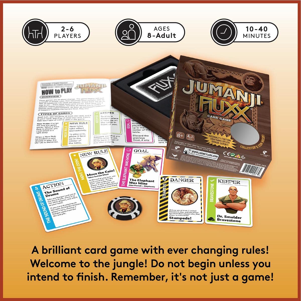 Looney Labs Jumanji Fluxx cards in hand illustrate changing rules in action
