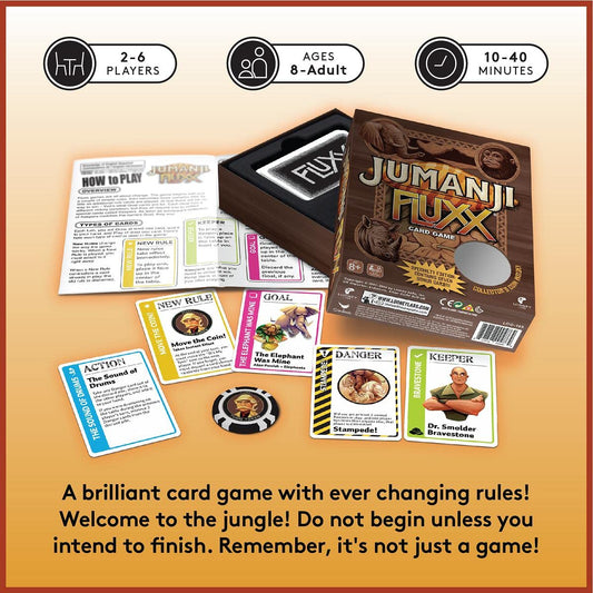 Looney Labs Jumanji Fluxx cards in hand illustrate changing rules in action