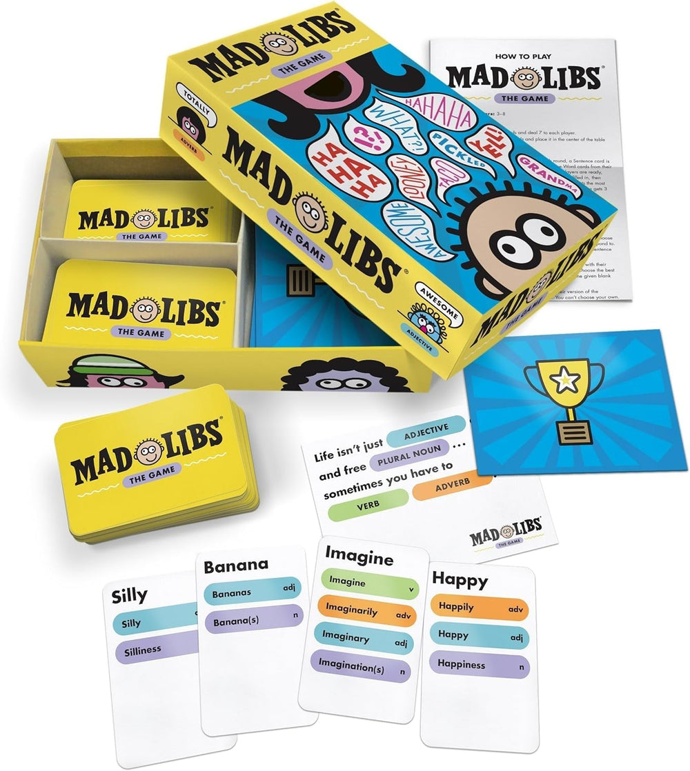 Looney Labs Mad Libs card set closeup shows varied word choices