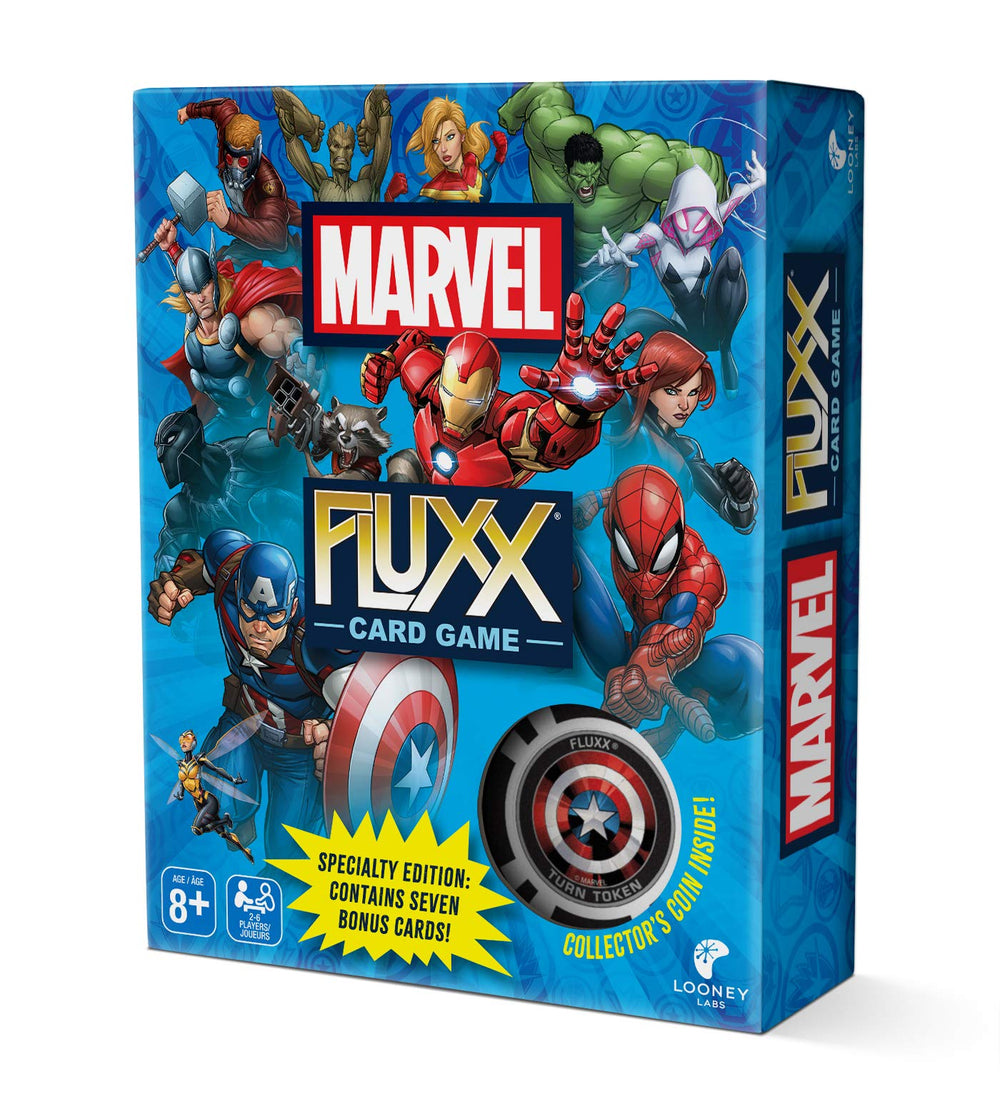Looney Labs Marvel Fluxx game setup ready for quick play and family night