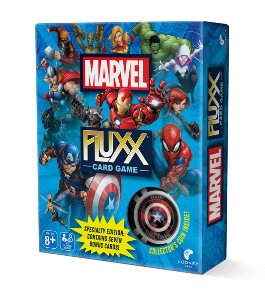 Looney Labs Marvel Fluxx game setup ready for quick play and family night