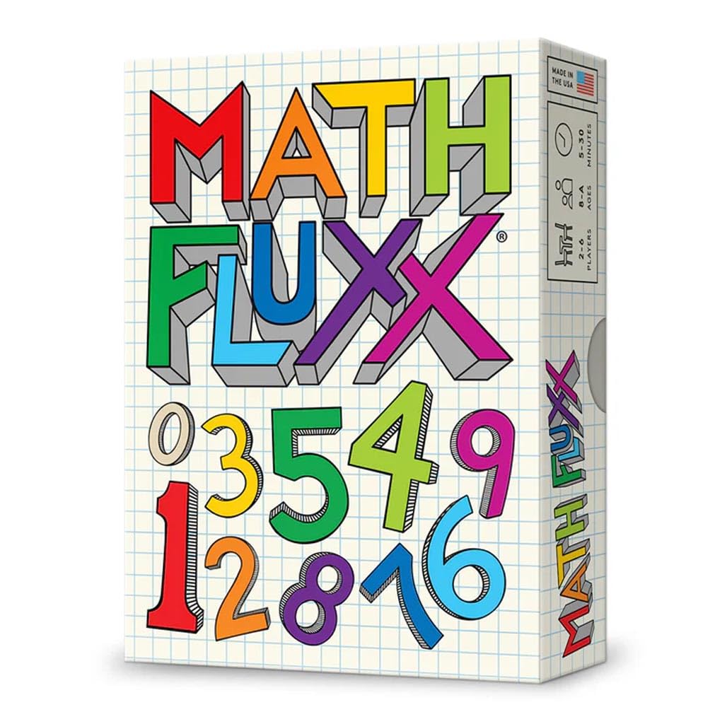 Looney Labs Math Fluxx card deck on table for fast family math play.