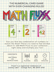 Looney Labs Math Fluxx digits and operations cards highlighting math in action.