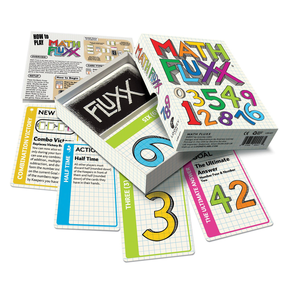 Looney Labs Math Fluxx goal card visible to spark strategic planning.