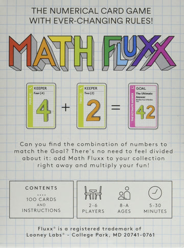 Looney Labs Math Fluxx number cards laid out for hands-on arithmetic practice.