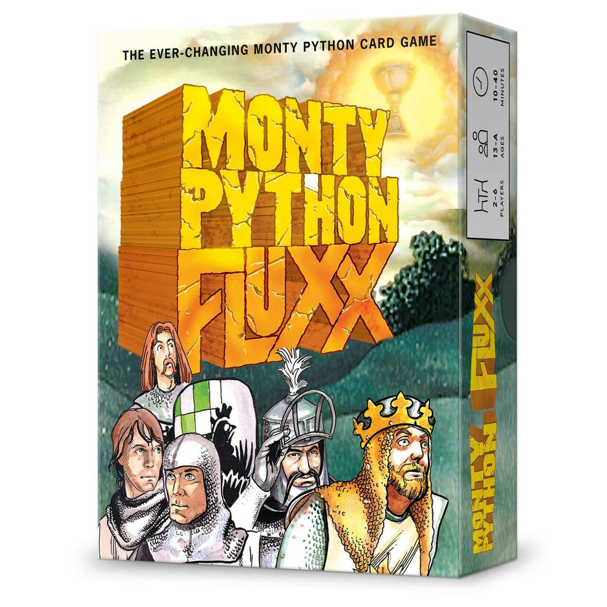 Looney Labs Monty Python Fluxx game cover, playful art invites party nights