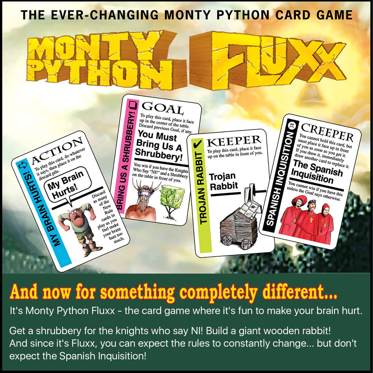 Compact Fluxx setup for Monty Python, ideal for game night at home