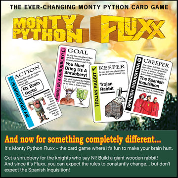 Compact Fluxx setup for Monty Python, ideal for game night at home