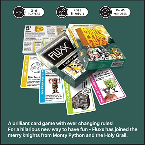 Players mid-game with Monty Python Fluxx, enjoying rapid rule changes