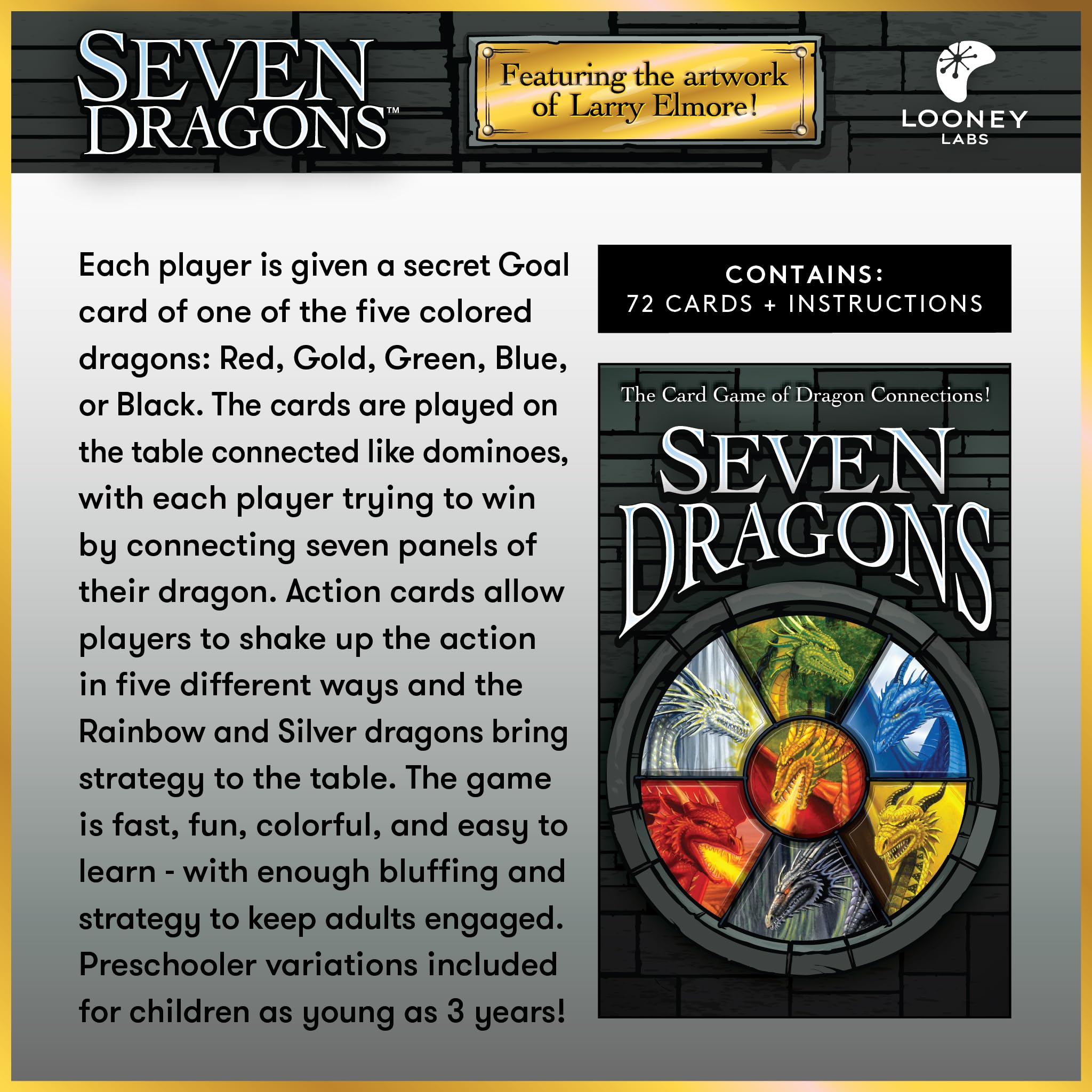 Looney Labs Seven Dragons original Larry Elmore art graces every card with fantasy flair.