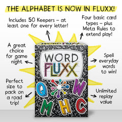 Word Fluxx box on table inviting family game-night energy