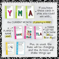 Word Fluxx goal cards laid out to spark strategic word challenges