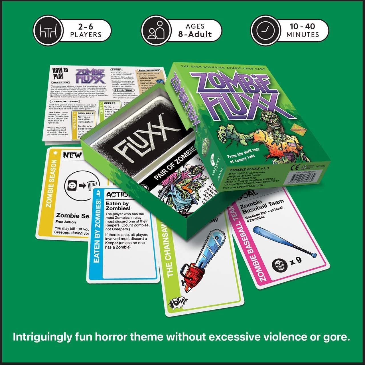 Looney Labs Zombie Fluxx draw-and-play action at a glance.