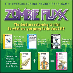 Looney Labs Zombie Fluxx players around a table enjoy lively competition.