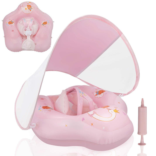 LOOWARTS baby float with canopy provides shade and UPF50+ sun protection.