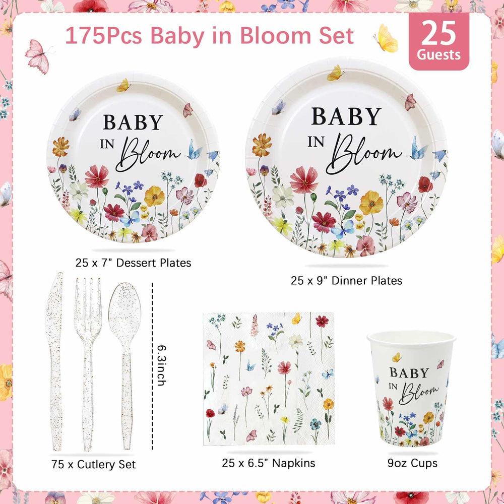 Lopeastar baby in bloom all-in-one set; saves time with coordinated party essentials.