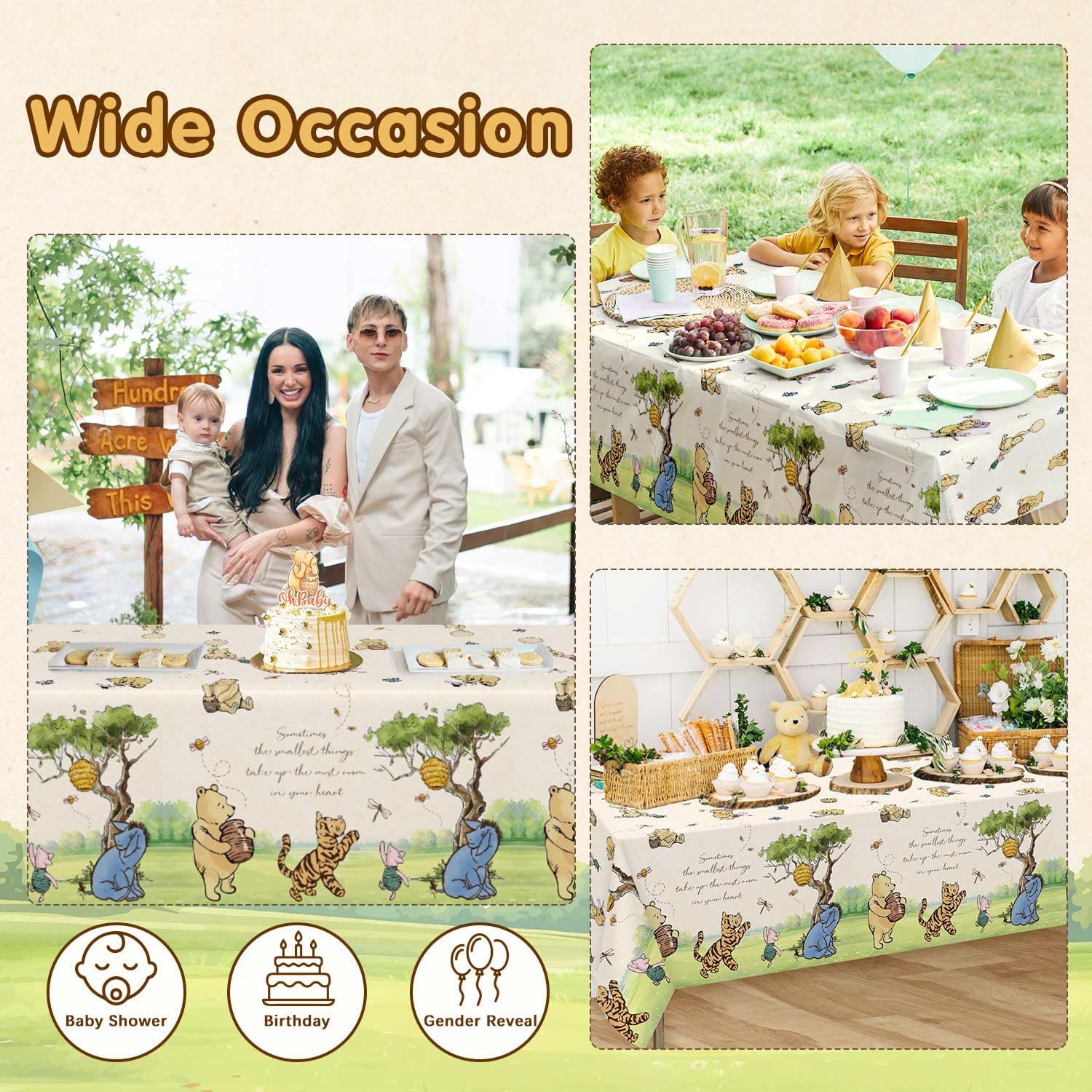 Lopeastar Pooh bear birthday tablecloth set for a gender reveal setup.