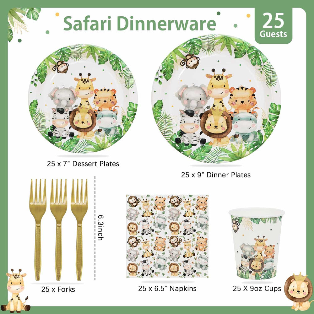 Lopeastar safari 125piece pack provides complete disposable tableware for celebrations