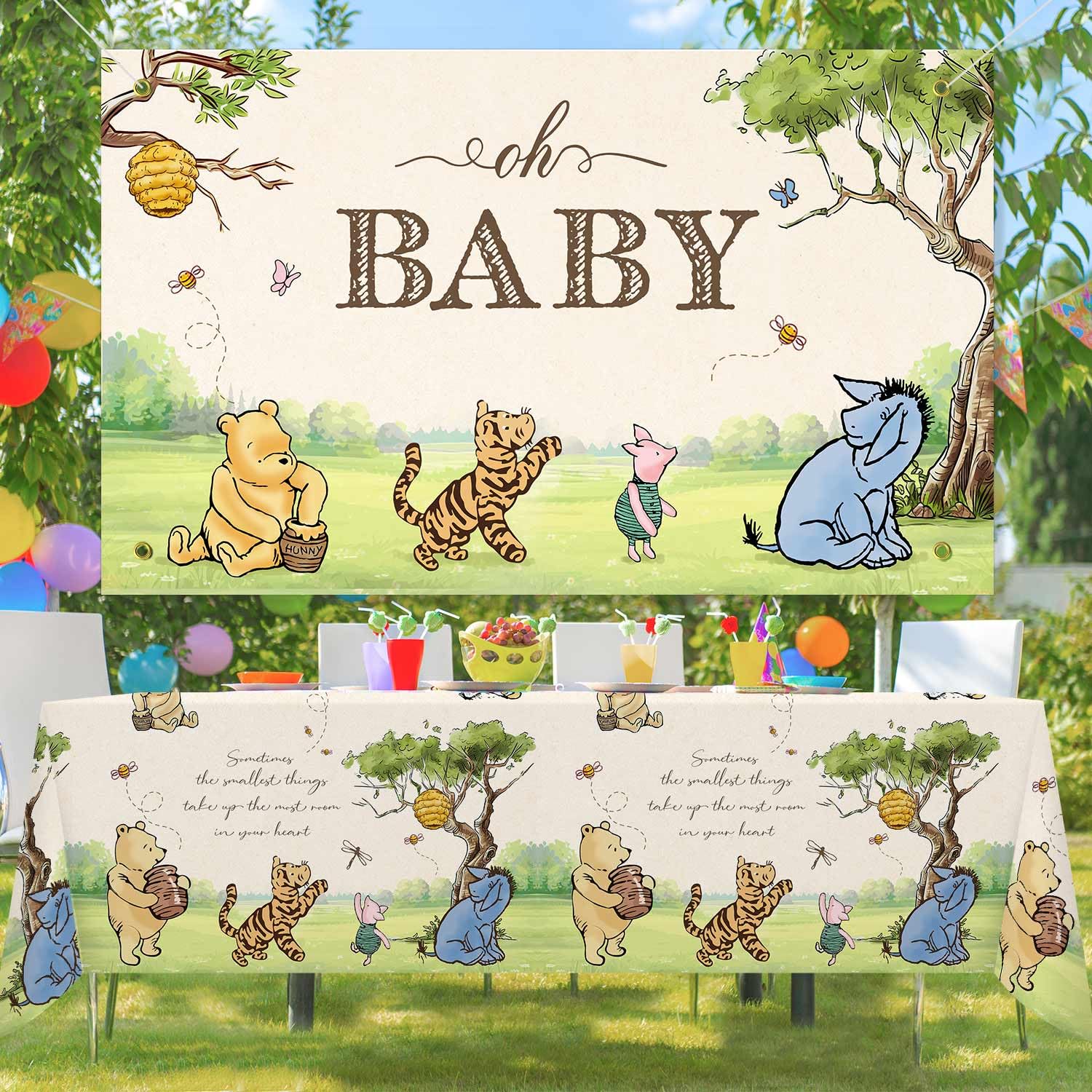 Lopeastar vintage Winnie decor tablecloth enhances Pooh-themed party ambience.