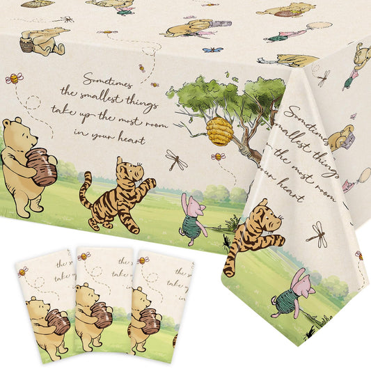 Lopeastar Winnie Bear tablecloth laid flat on a neutral 54x108 table.