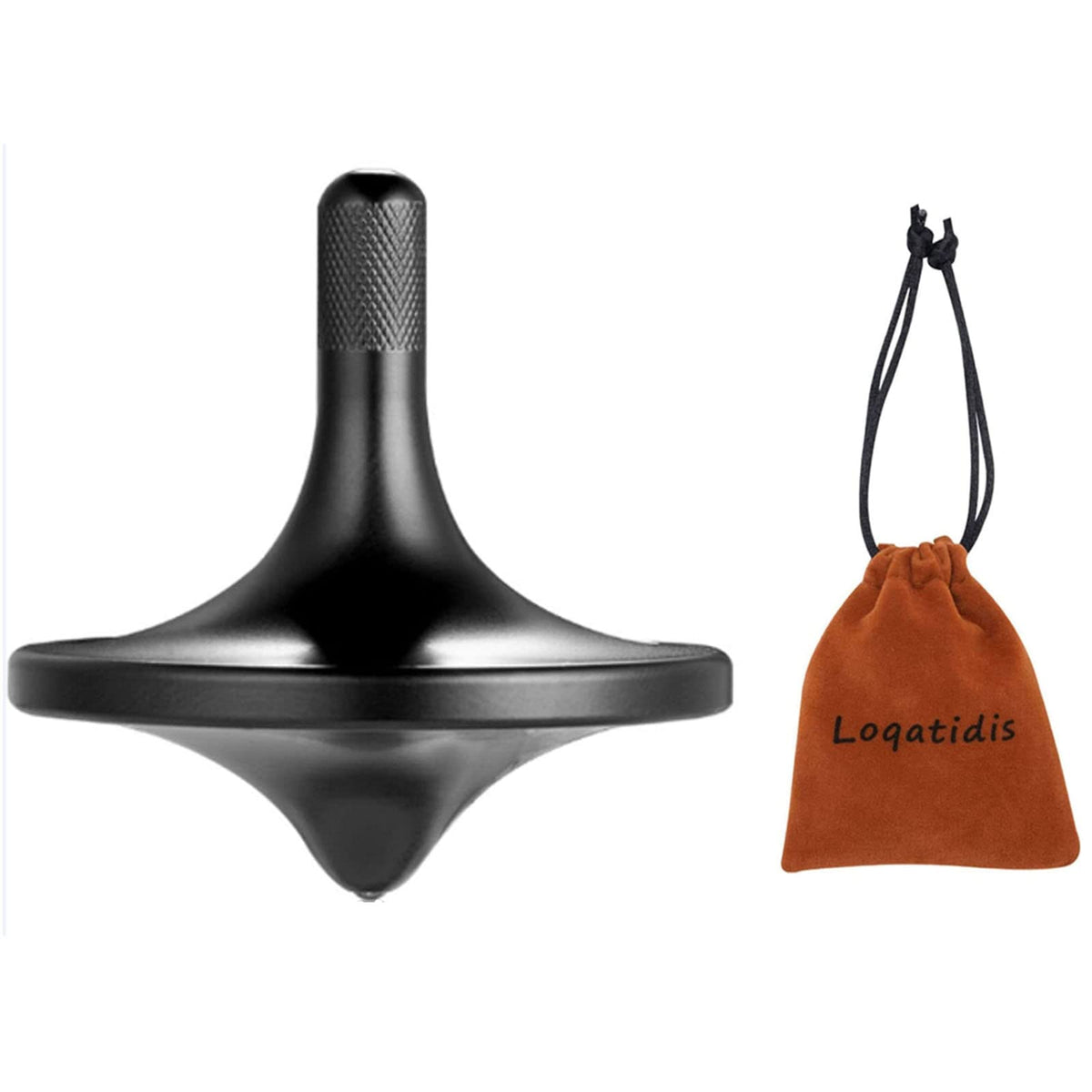 LOQATIDIS stainless-steel spinning top on a desk, smooth and durable.