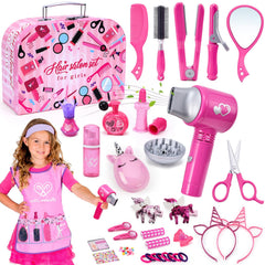 Lorfancy 49 Pcs Hair Salon Kit laid out for pretend play and imaginative styling.