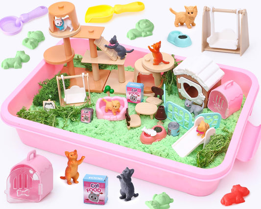 Lorfancy cat sandbox kit overview showing the full playset for imaginative pretend play.