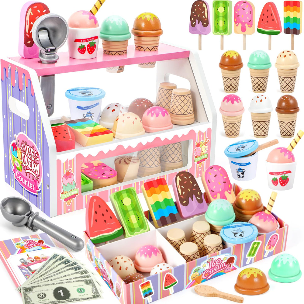 Loscola ice cream counter for pretend play, durable wood for kid-safe use.