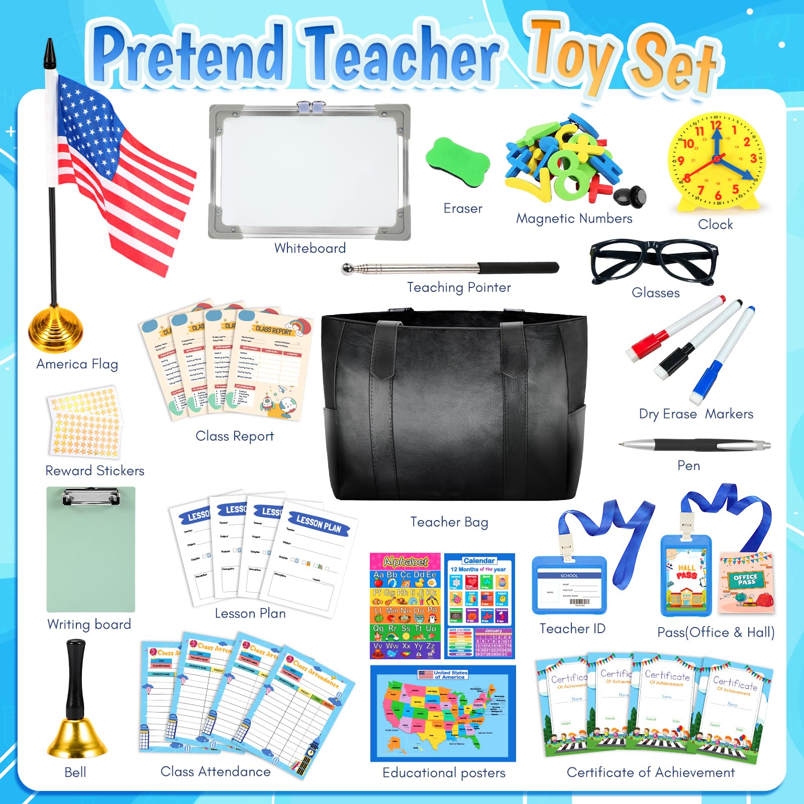 Loscola pretend play school set whiteboard promotes interactive learning during playtime.