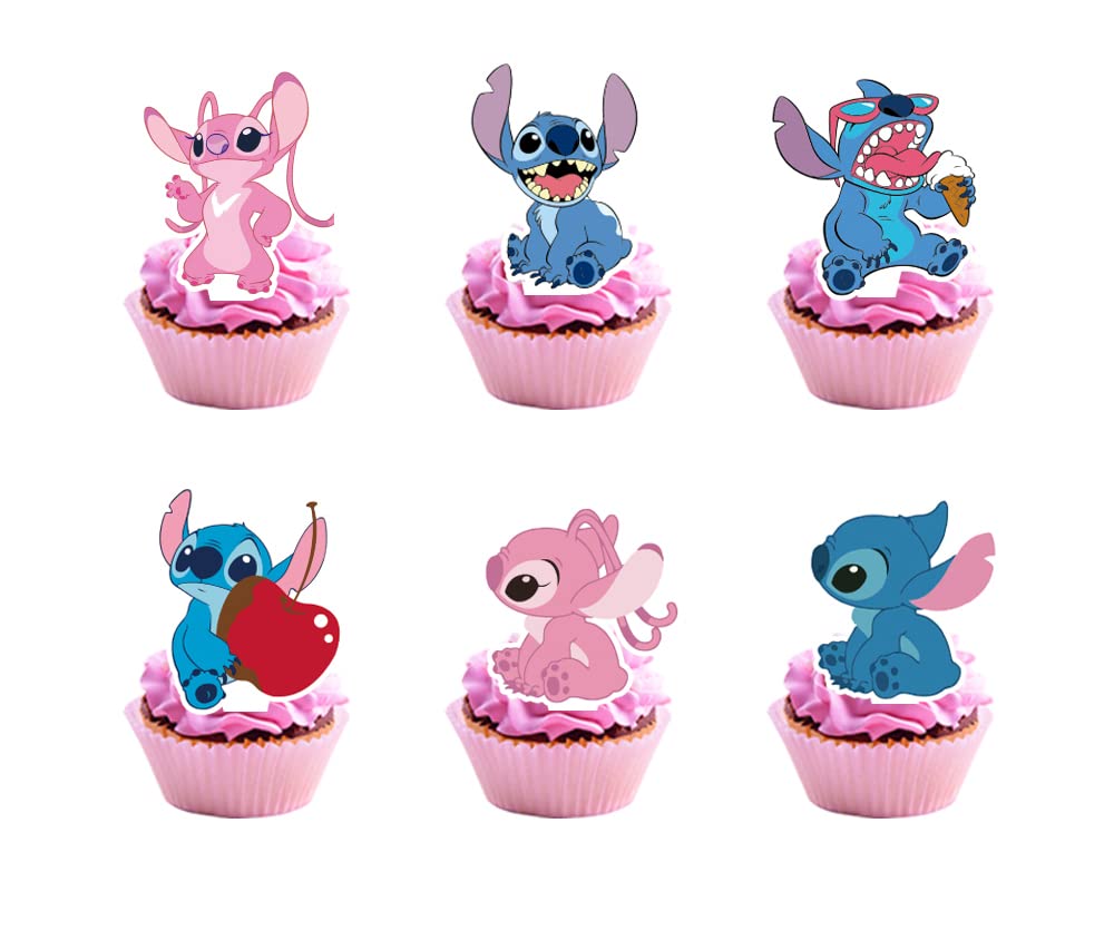 Losede cartoon cake toppers on a colorful cake for kids' party decor.