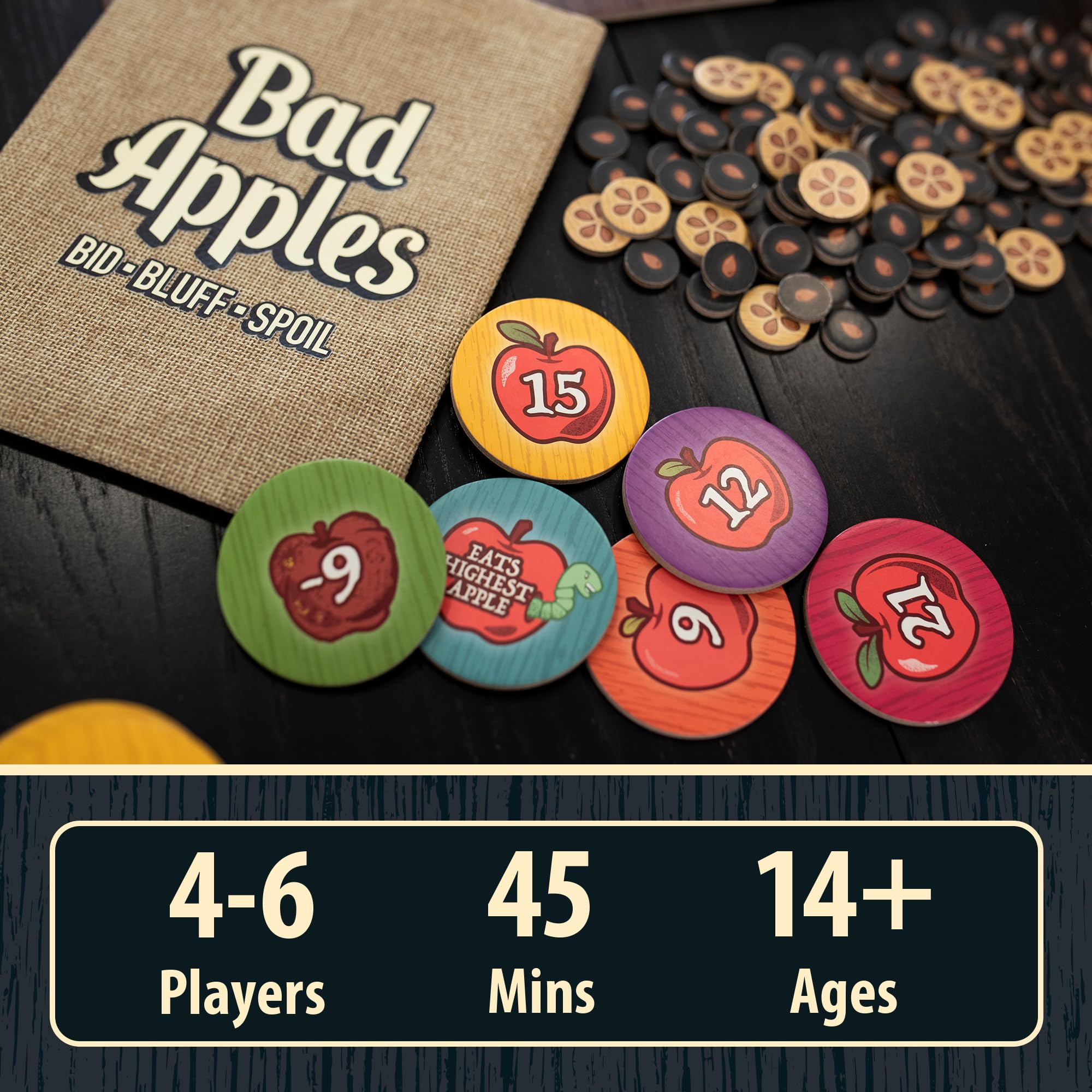 Bad Apples bidding tokens by Lost Boy Entertainment ready for bluffing play.