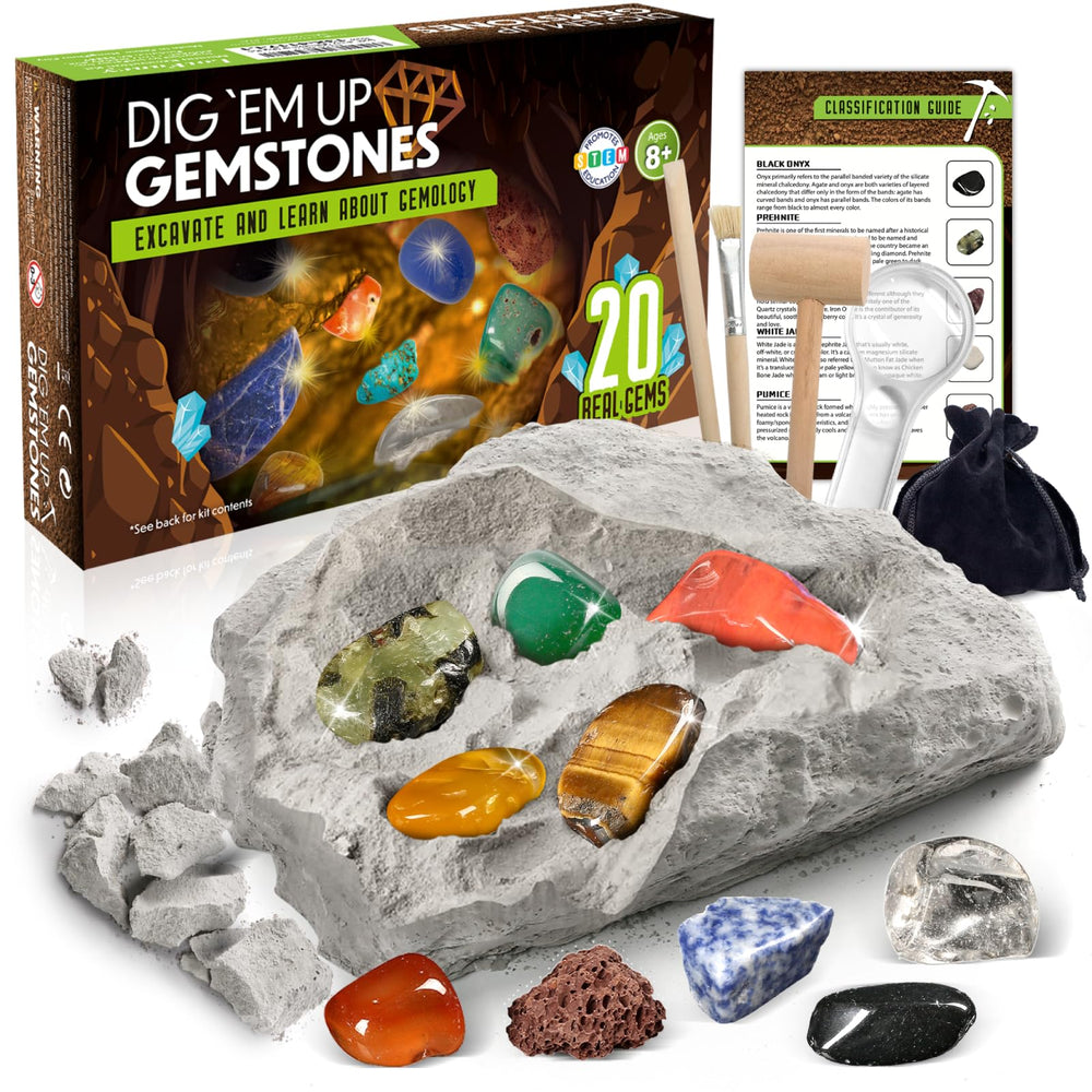 LotFancy Gemstone Dig Kit setup for a hands-on geology learning station.
